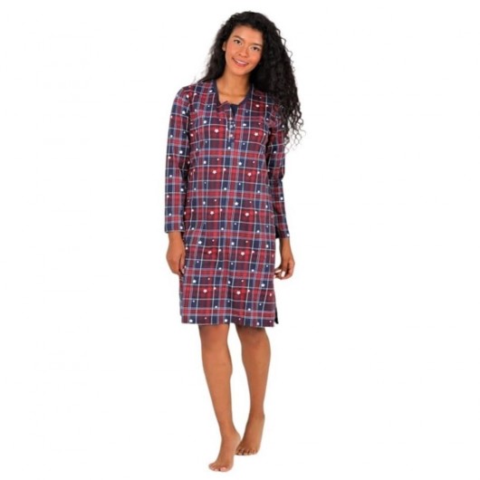 Double Tiger 100% Cotton Plaid Pattern Checked Long Sleeve Nightgown