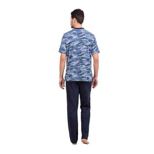 Double Tiger Blue Camouflage Pattern Short Sleeve Men's Pajamas Set