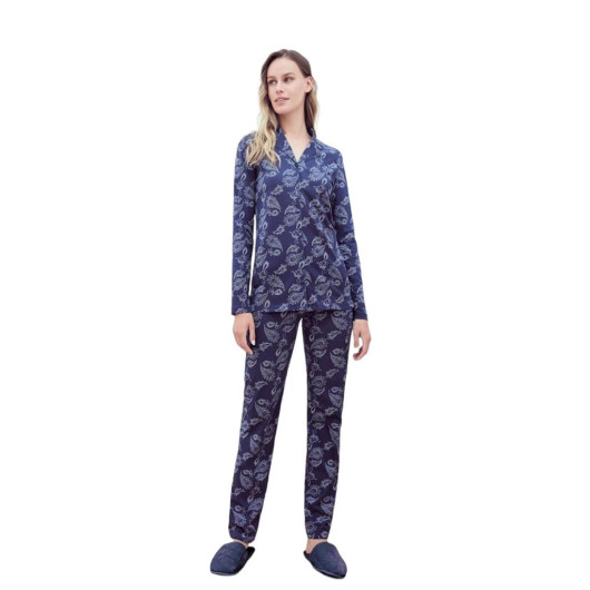 Eros 100% Cotton Patterned Button Down Women's Pajamas Set