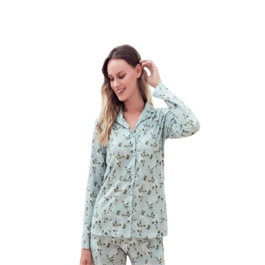 Eros %100 Pamuk Desenli Boydan Düğmeli Bayan Pijama Takım