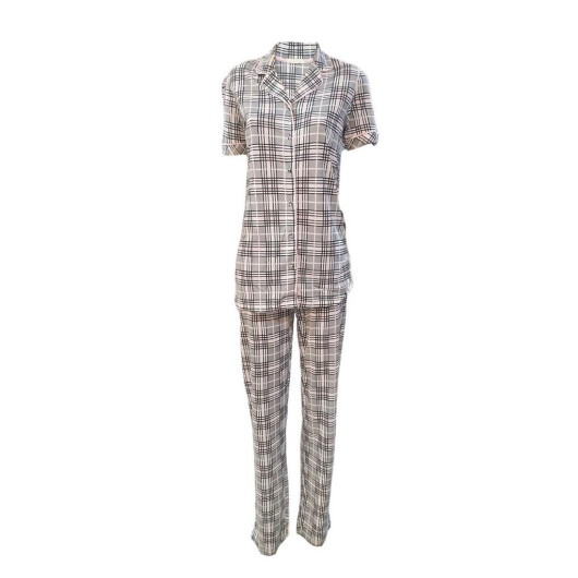 Eros Viscose Plaid Pattern Button Down Women's Pajamas Set