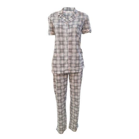 Eros Viscose Plaid Pattern Button Down Women's Pajamas Set