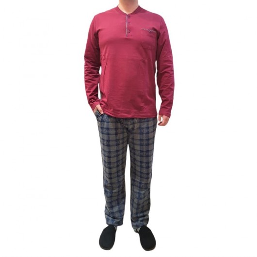 Erse 100% Cotton Long Sleeve Plaid Check Men's Pajamas Set