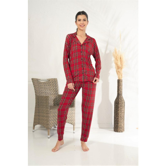 Button Down Plaid Viscose Women's Pajamas Set