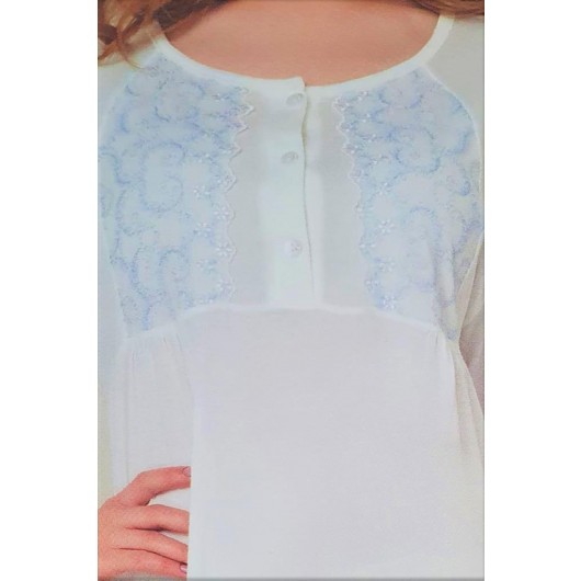 Flz Lace Detail Buttoned Long Sleeve Women's Nightgown