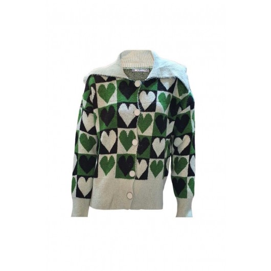 Kloç Heart Patterned Buttoned Casual Women's Knitwear Jacket