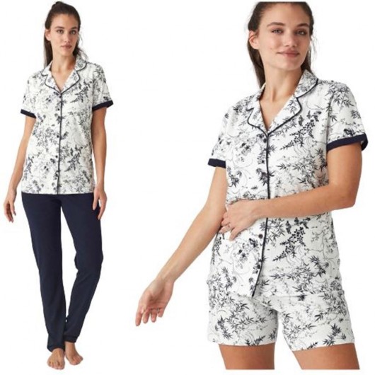Mod Collection Cotton Front Buttoned 3-Piece Women's Pajamas Set