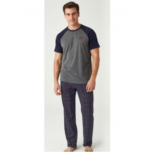 Mod Zero Collar Cotton Plaid Check Men's Pajamas Set