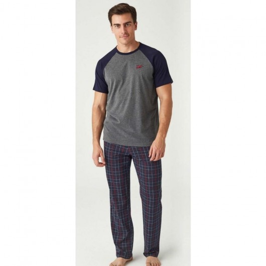 Mod Zero Collar Cotton Plaid Check Men's Pajamas Set