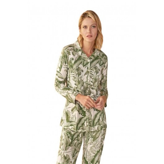 Over Sleep By Poleren Front Buttoned Long Arm Ladies Pajama Set