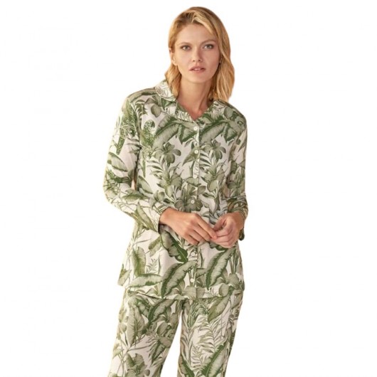 Over Sleep By Poleren Front Buttoned Long Arm Ladies Pajama Set