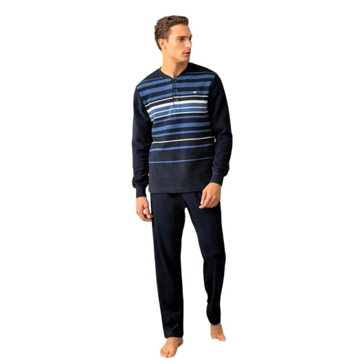 Polaren Plaid Collar Striped Cotton Thick Men's Pajamas Set