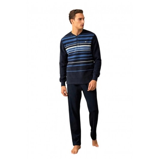 Polaren Plaid Collar Striped Cotton Thick Men's Pajamas Set