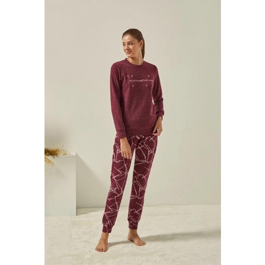 Poleren Zero Collar Patterned Ankle Winter Women's Pajamas Set