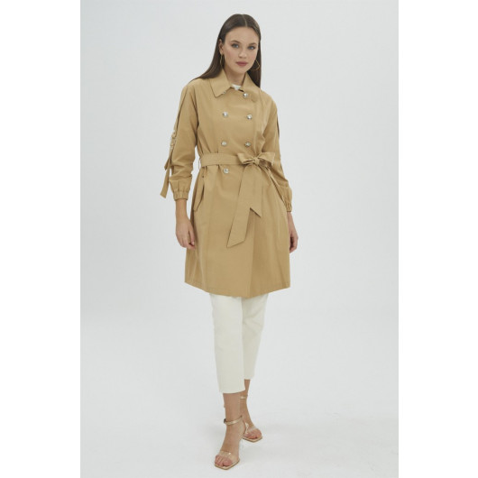 Waist Belted Buttoned Beige Trench Coat