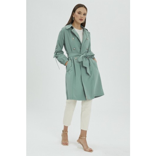 Waist Belted Buttoned Green Green Trench Coat