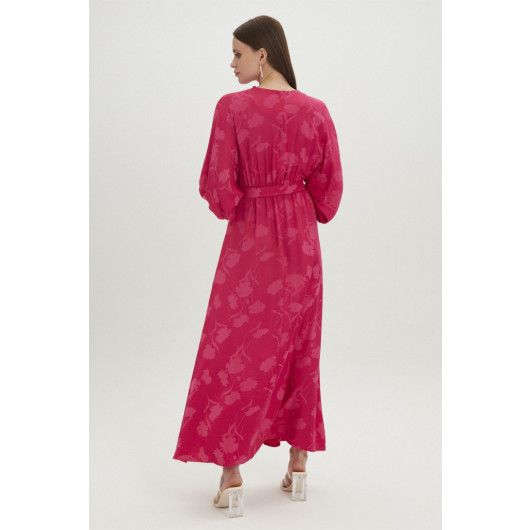 Waist Belted Floral Pattern Long Fuchsia Dress