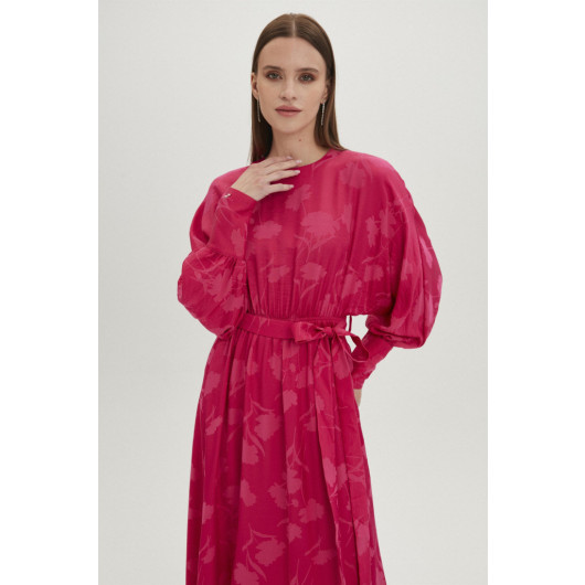 Waist Belted Floral Pattern Long Fuchsia Dress