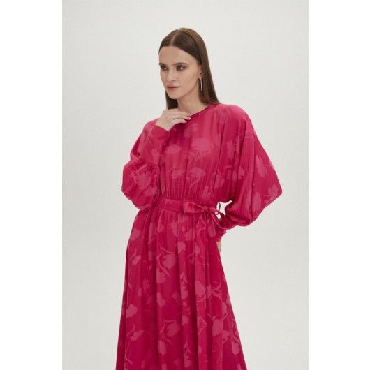 Waist Belted Floral Pattern Long Fuchsia Dress