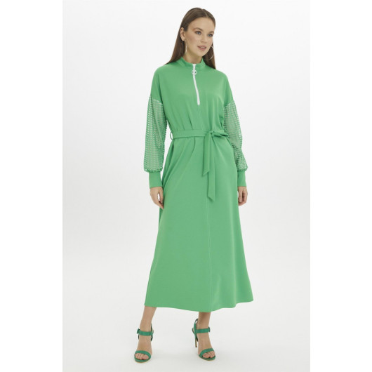 Belted Waist Sleeve Detailed Long Grass Green Plain Dress