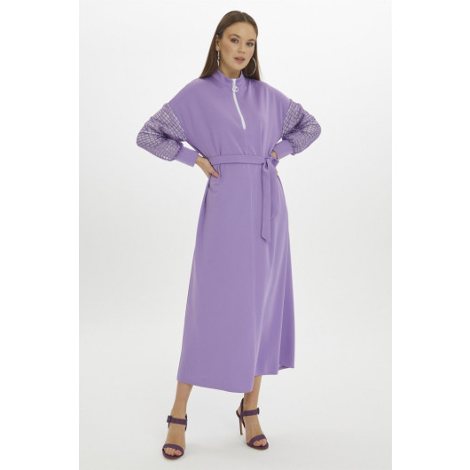 Waist Belted Sleeve Detail Long Lilac Straight Dress