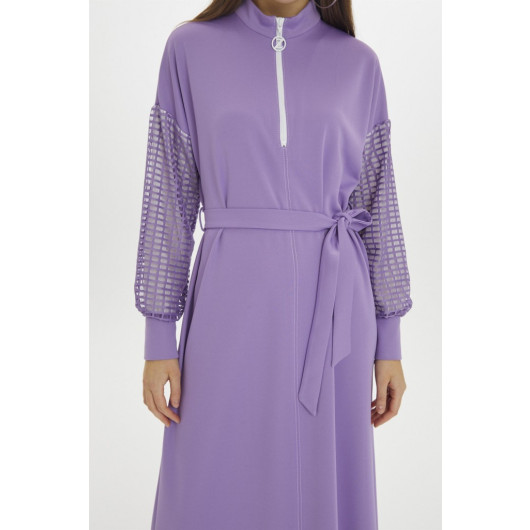 Waist Belted Sleeve Detail Long Lilac Straight Dress