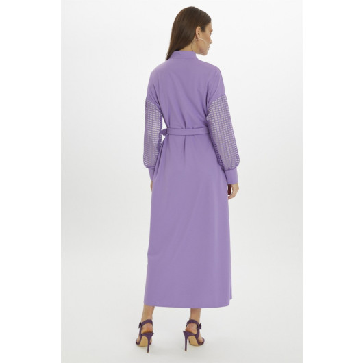 Waist Belted Sleeve Detail Long Lilac Straight Dress