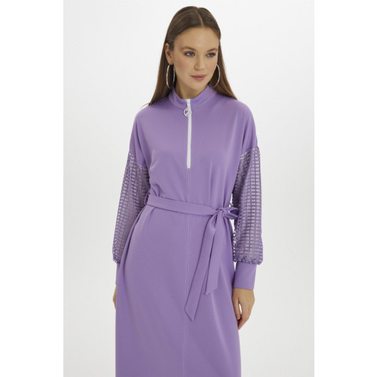 Waist Belted Sleeve Detail Long Lilac Straight Dress