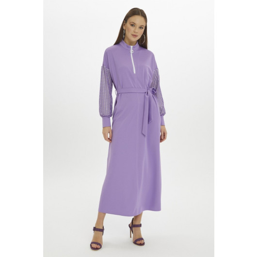 Waist Belted Sleeve Detail Long Lilac Straight Dress