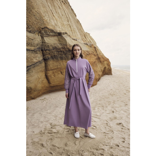 Waist Belted Sleeve Detail Long Lilac Straight Dress