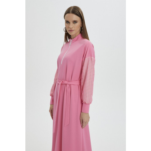 Waist Belted Sleeve Detail Long Pink Plain Dress