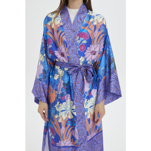 Floral Patterned Waist Belted Lilac Kimono