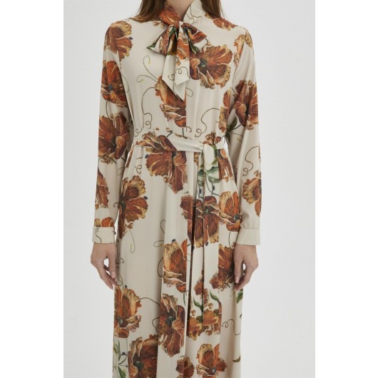 Floral Patterned Bow Collar Long Stone Dress