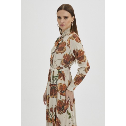 Floral Patterned Bow Collar Long Stone Dress