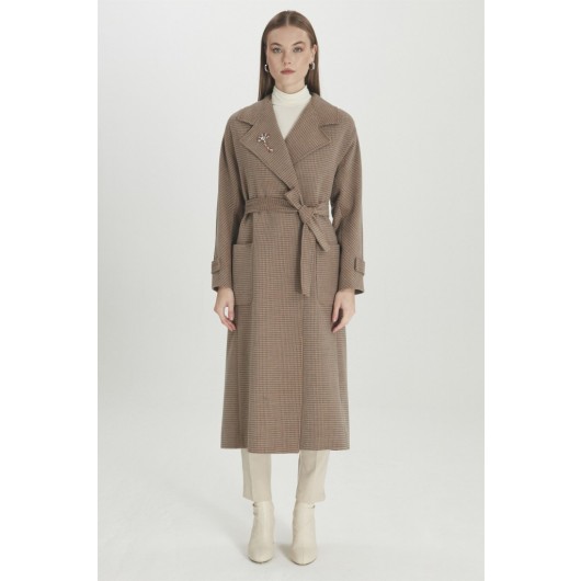 Striped Double Breasted Collar Camel Coat