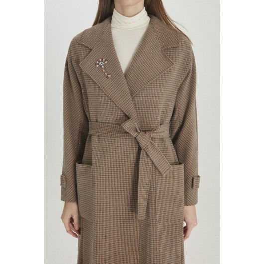 Striped Double Breasted Collar Camel Coat