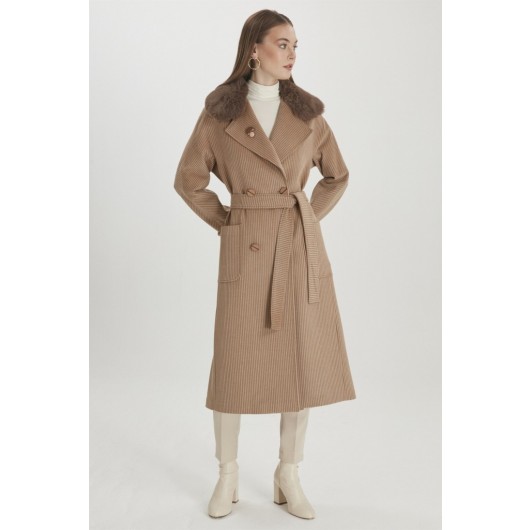Striped Fur Detailed Beige Coat