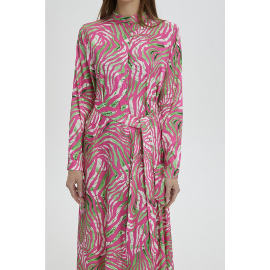 Patterned Waist Belted Long Pink Dress