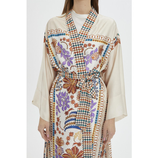 Patterned Waist Belted Beige Kimono