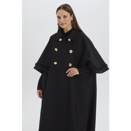 Button Detailed Black Stamp Poncho