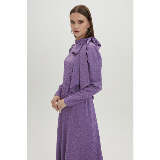 Bow Collar Leopard Patterned Lilac Long Dress