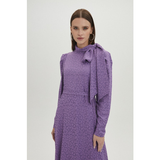 Bow Collar Leopard Patterned Lilac Long Dress