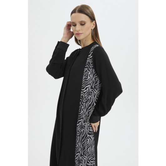 Hidden Button Detailed Patterned Long Black Tunic