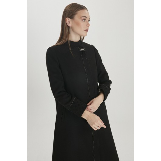 Black Coat With Hidden Buttons And Embroidered Detail