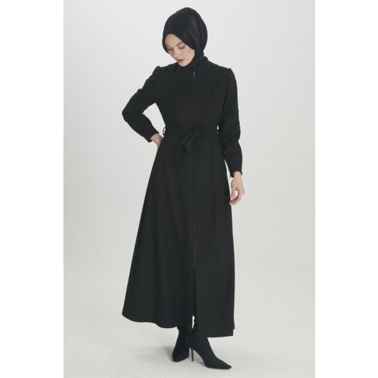 Embroidered Detailed Waist Belted Black Topcoat 13057