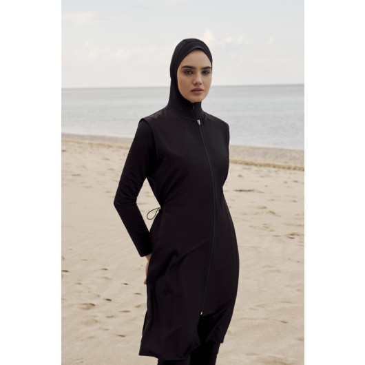 Hooded Detailed 2-Piece Black Fully Covered Swimsuit