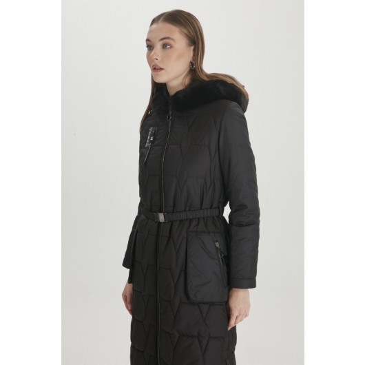 Hooded Pocket Detailed Long Black Coat