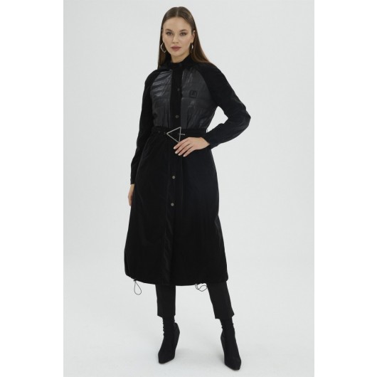Hooded And Belt Detailed Black Coat
