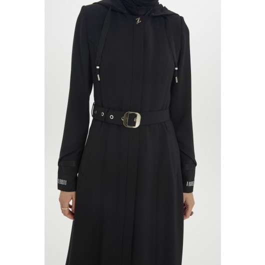 Hooded And Belt Detailed Black Topcoat