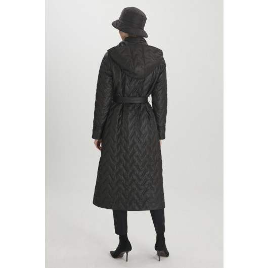 Hooded And Belt Detailed Long Black Coat